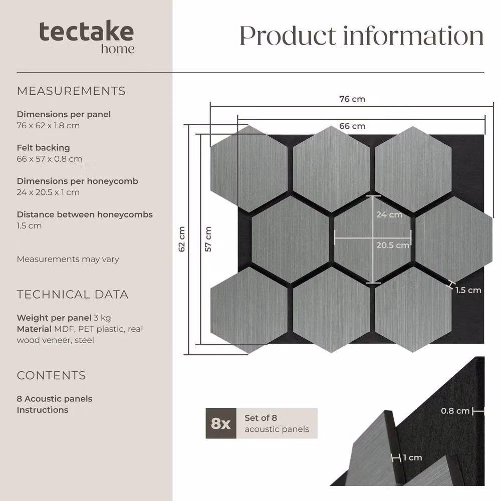 tectake Hexagonal Acoustic Sound-Absorbing Felt Wall Panels in Light Grey Wood Look – 6