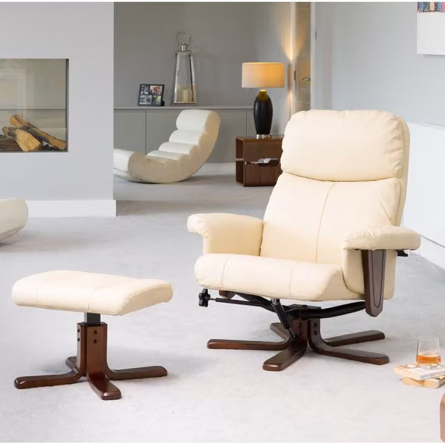 Artemis Home Woodacre Cream Bonded Leather Swivel Recliner Chair with Footstool, W: 88 cm, H: 96 cm, D: 65.01 cm