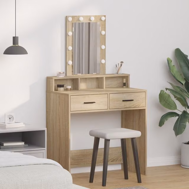 Berkfield Home Sonoma Oak Dressing Table with LED Lights, Brown, W: 79 cm, D: 41 cm, H: 140 cm