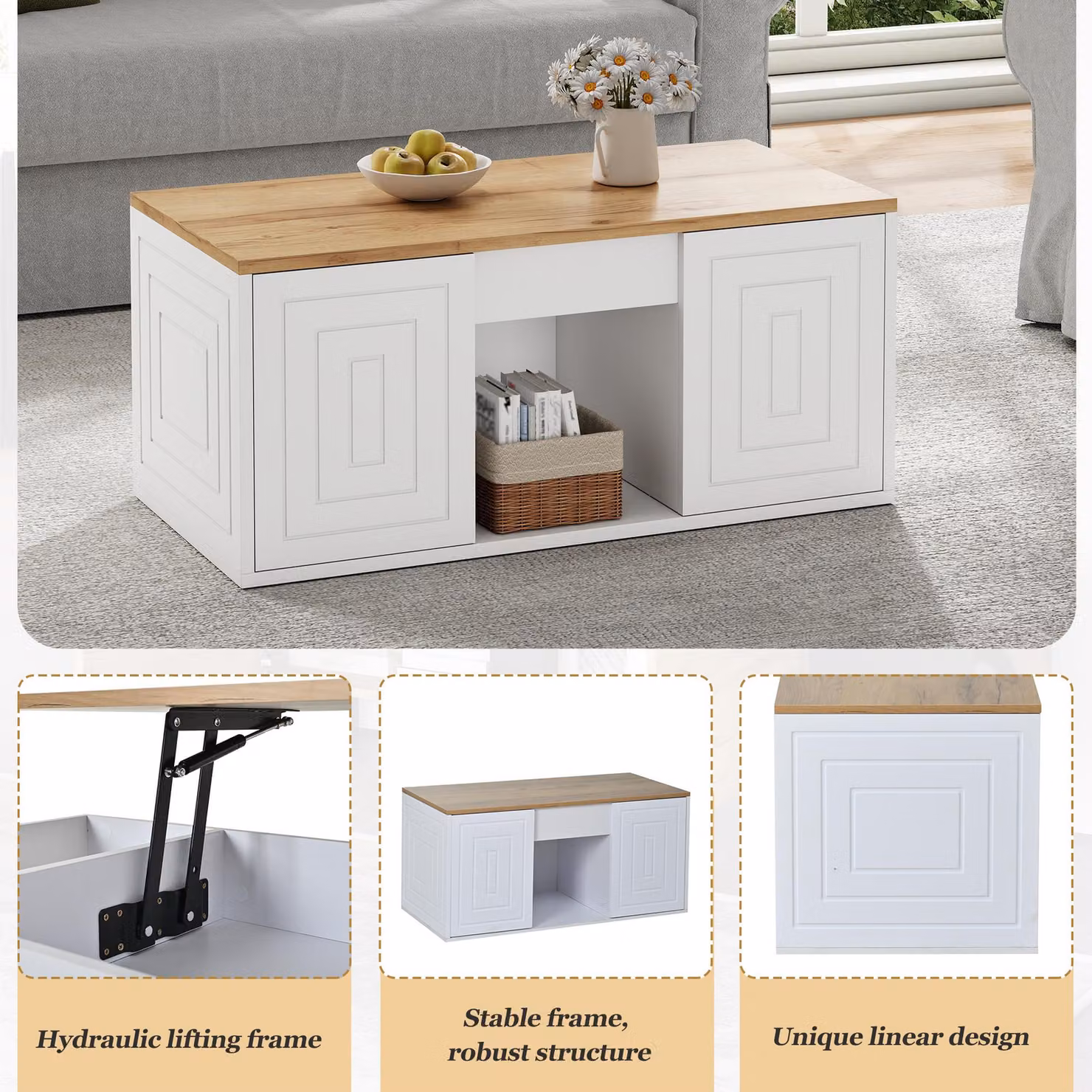 Aosom UK Height-Adjustable Minimalist Coffee Table with Hydraulic Lift and Shelves, White, W: 46 cm, D: 46 cm, H: 45 cm – 3