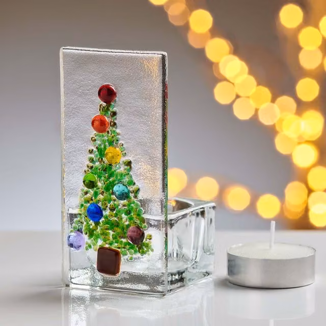 Ling & Hansen Handmade Fused Glass Christmas Tree Tea Light Holder in Green and Multicolour