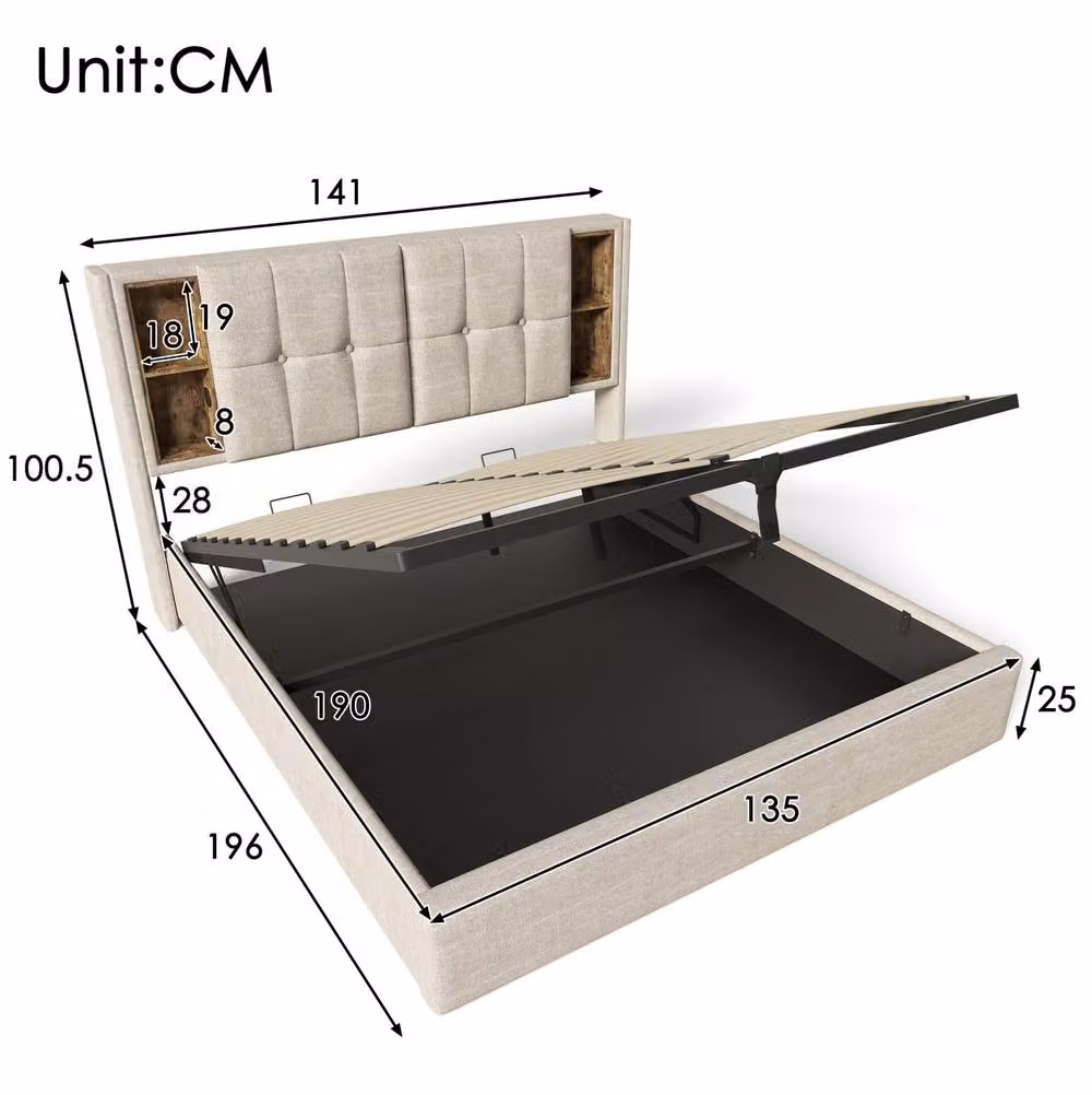 STILVORA Double Upholstered Bed with Storage and USB Charging Port in Beige, W/D/H: 140 x 200 x 137.16 cm – 2