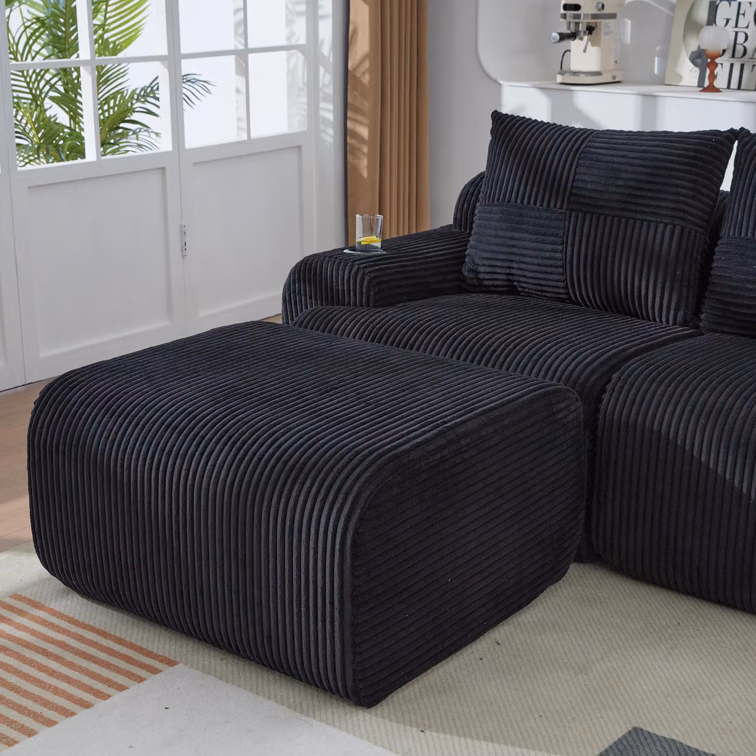 Aosom UK 4-Seater Modular Cord Fabric Sectional Sofa with 2 Ottomans and Integrated Cup Holders, Black, W: 333 cm, D: 174 cm, H: 80 cm – 7