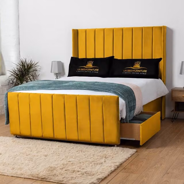 UK Bed Furniture Seoul Wingback Divan Bed with 54 Inch Headboard and 2 Drawers in Yellow Velvet, Size: 200 x 200 cm