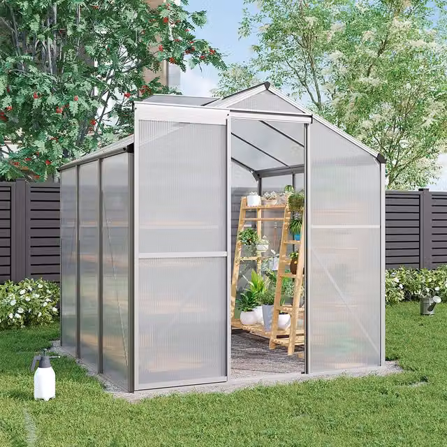Breeins Aluminium Frame Greenhouse with Window and Polycarbonate Panels, Silver and Clear, W/D/H: 182.88 x 182.88 x 212.88 cm