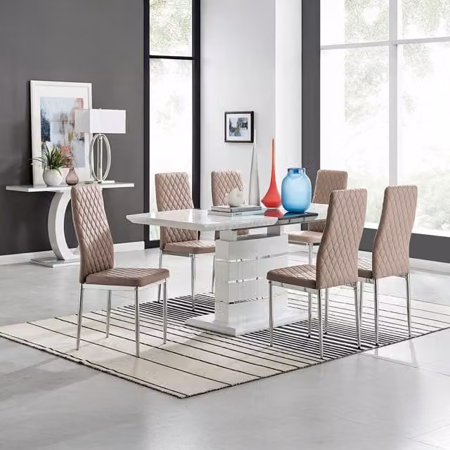 FurnitureboxUK Renato High Gloss Extending Kitchen Dining Table and 6 Milan Chairs in Cappuccino