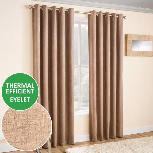 Enhanced Living Pair of Vogue Eyelet Thermal Dimout Curtains in Beige/Brown, W: 137 cm, H: 168 cm
