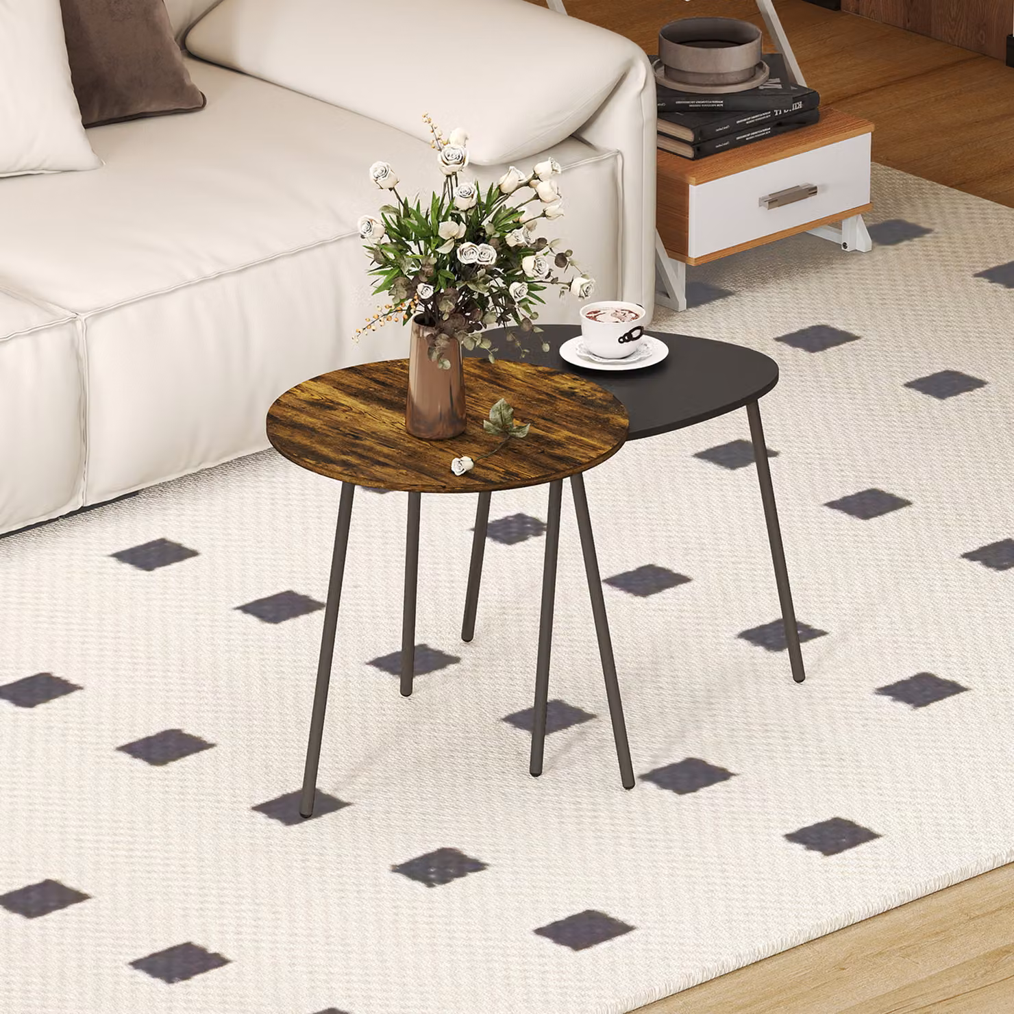 HOMCOM Nesting Side Table Set of 2 in Rustic Brown with Round Matt Tops and Black Metal Legs – 5