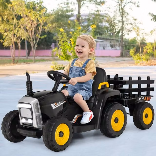 Costway 12V Kids Electric Ride on Tractor and Trailer with Light and Sound, Black