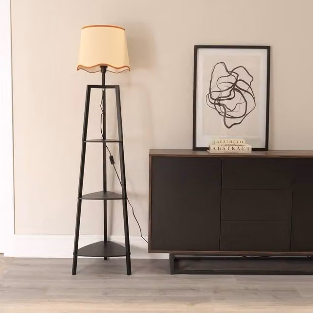 ValueLights Hiru 3 Tier Wood Shelf Floor Lamp in Black with Burnt Orange Linen Scallop Shade – 1