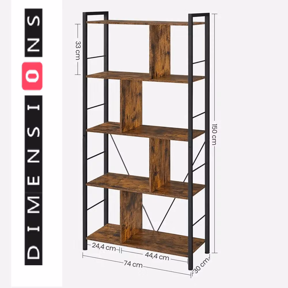 Modcraft Industrial Style Freestanding Shelf in Brown with Metal and Composite Wood, H 150 x W 74 x D 30 cm – 3