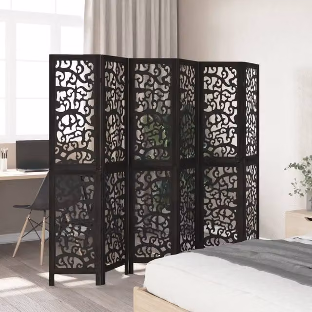 Berkfield Home 6-Panel Room Divider in Black Solid Paulownia Wood, H 215 cm x W 180 cm – 1