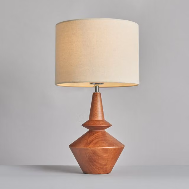 Litecraft Silo Wooden Table Lamp with White Fabric Cylinder Shade - Brown