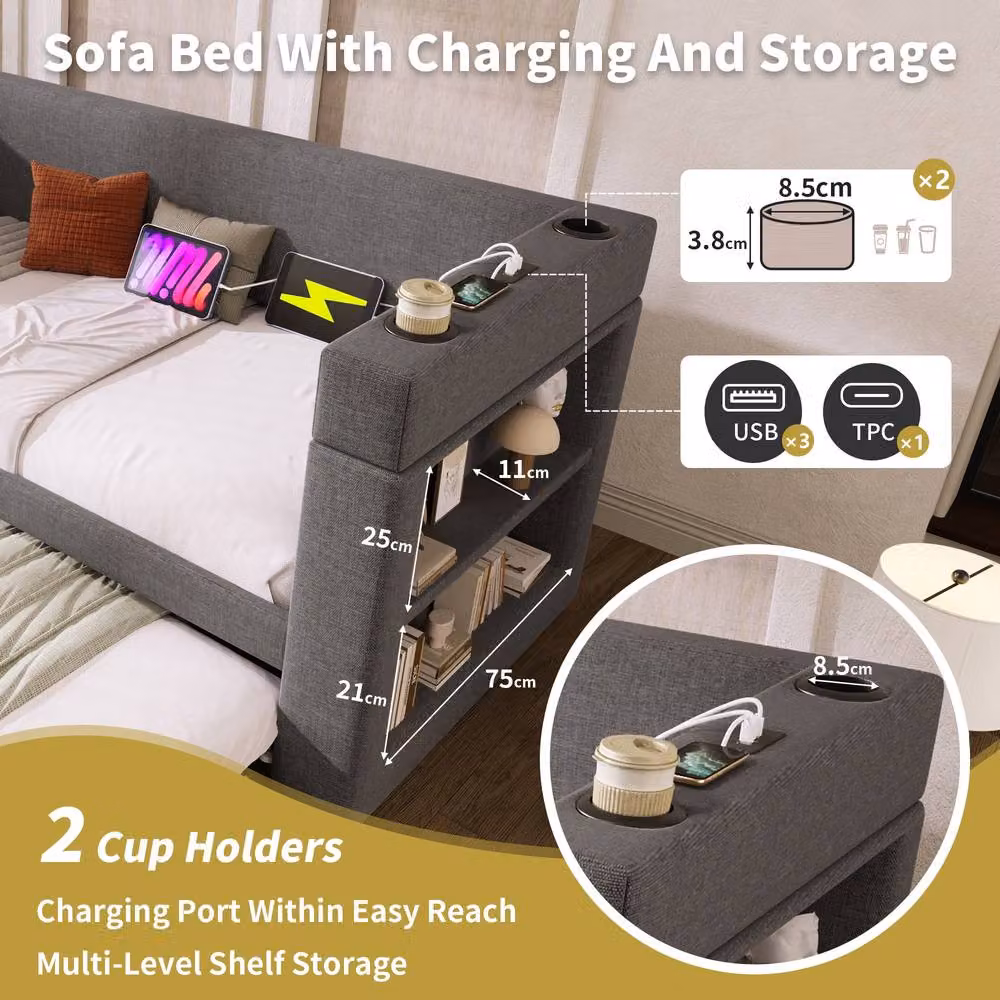 Rolipo Grey Upholstered Single Daybed with Trundle, USB Charging Ports and Side Compartments, W/D/H: 90 x 190 cm – 3