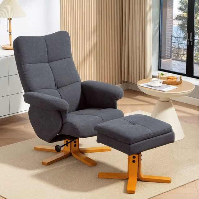 HOMCOM Grey Swivel Recliner Chair with Ottoman and Armrests