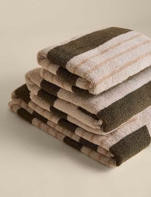 M&S Fluffy Pure Cotton Striped Towel in Green Mix