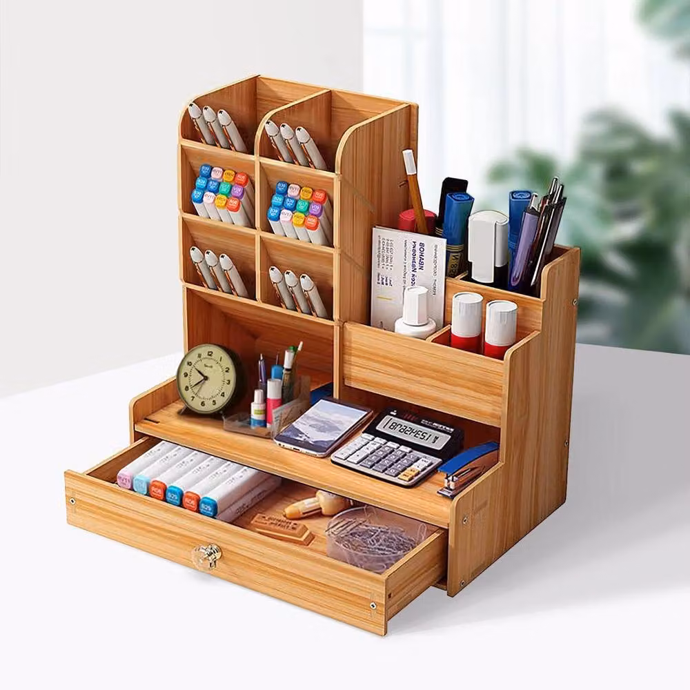 PAWNORA Multi-Compartment Office Study Desk Organiser in Brown Cherry Wood – 3