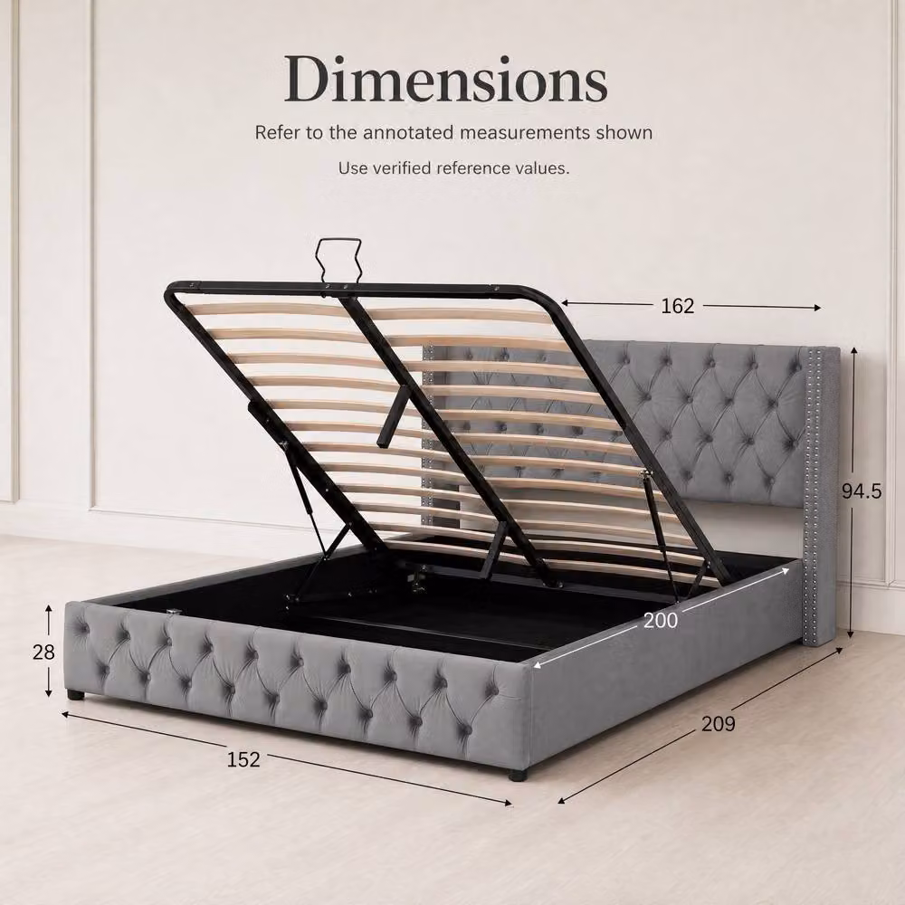 STILVORA Grey Velvet Upholstered King Size Bed with Lift-Up Storage W/D/H: 150 x 200 x 300 cm – 3