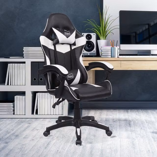 Neo Sport Racing Gaming Office Chair in White and Green with Synthetic Leather and Headrest