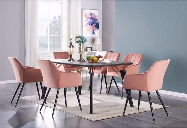 Life Interiors Camden Cosmo LUX Pink Dining Set with Round Table and 6 Velvet Upholstered Chairs