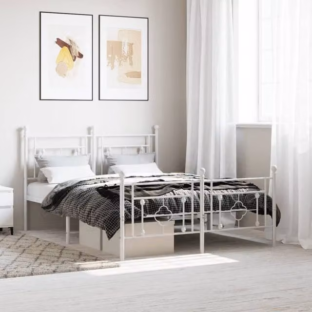 Berkfield Home Metal Bed Frame with Footboard, White, W: 140 cm, D: 200 cm – 1
