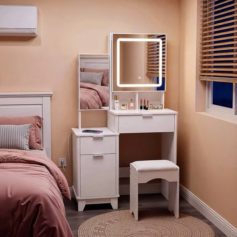 FORGEVIO Modern White Dressing Table Set with LED Hollywood Mirror and Stool