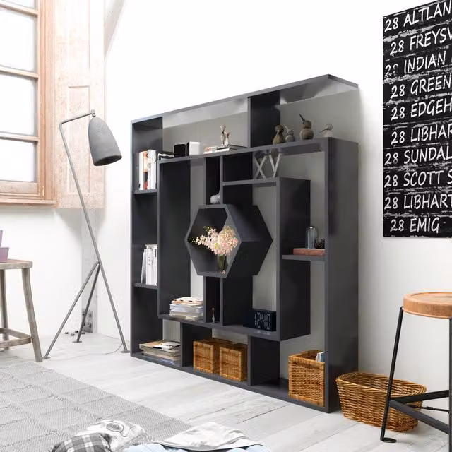 Labrina Modern Geometric Black Wood Bookshelf, W/D/H: 31.8 x 23.0 x 134.0 cm
