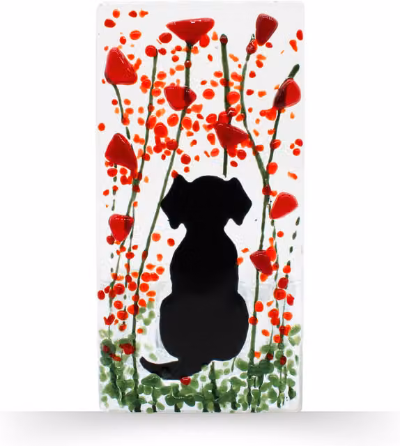 Ling & Hansen Handmade Fused Glass Tea Light Holder with Dog and Poppy Design in Red, Black and Multicolour