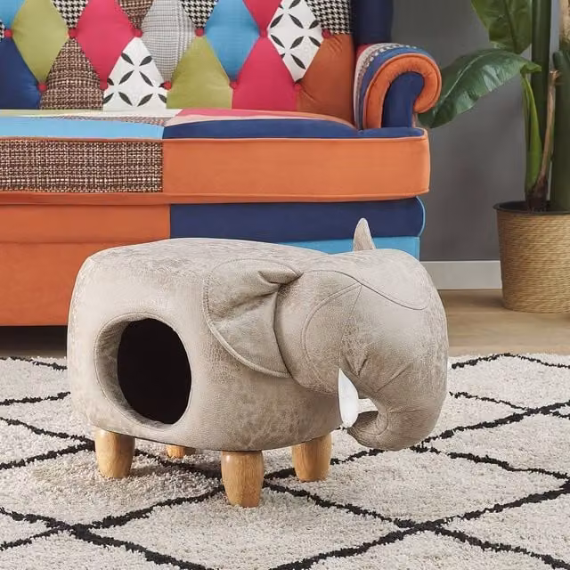 Wyld and Coco Elephant Footstool with Storage in Grey Faux Leather