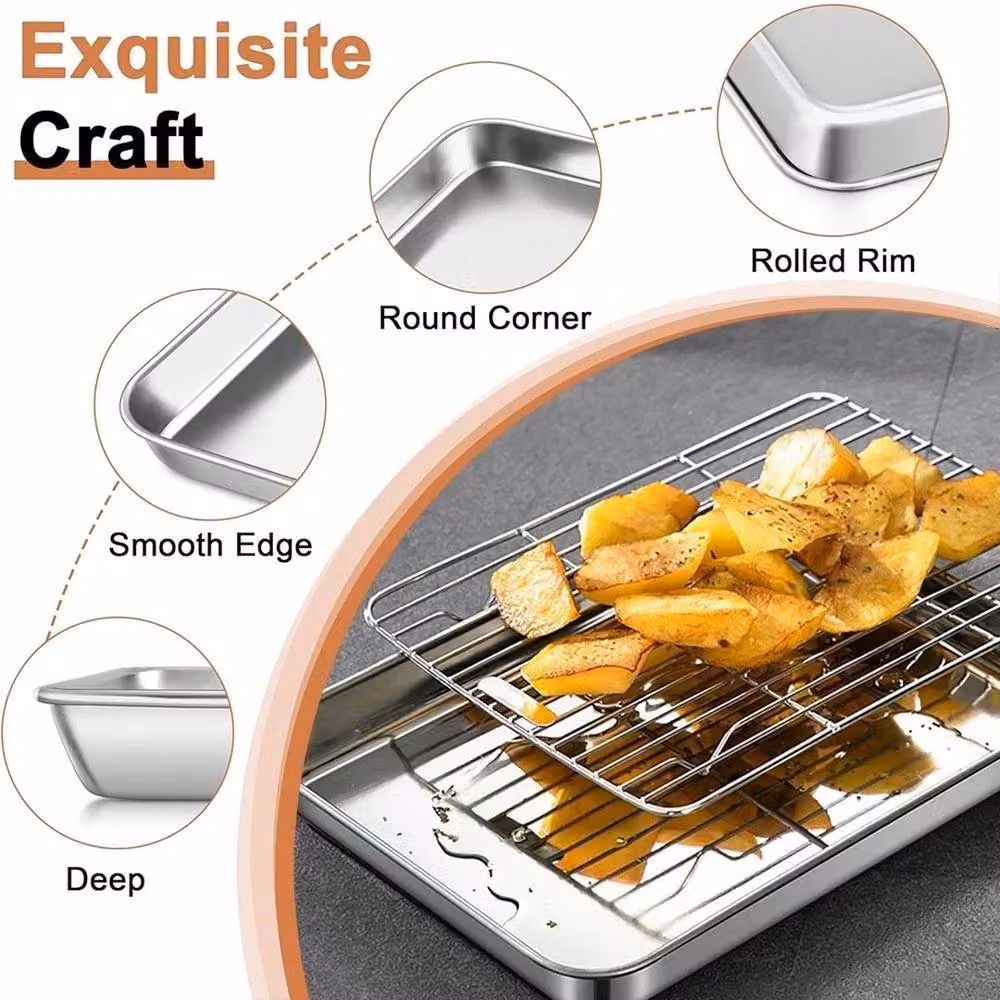 VOGREX Stainless Steel Rectangular Roasting and Baking Tray with BBQ Rack in Silver – 3