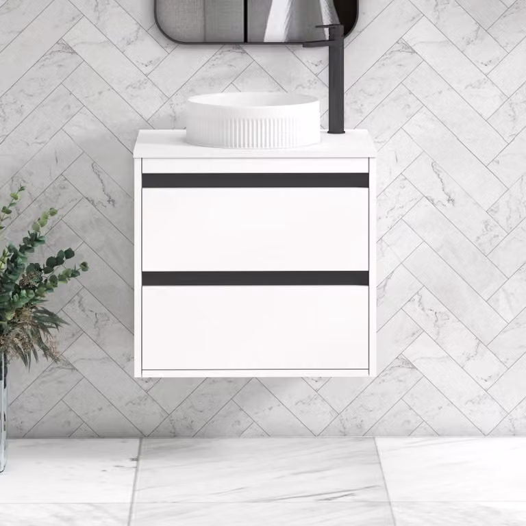 Royal Bathrooms Orion 600mm Matt White Wall Hung 2 Drawer Vanity Unit with Round Basin and Black Accent Trim
