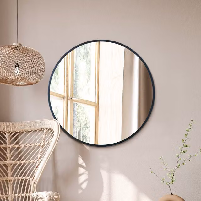 MirrorOutlet The Fenestra Modern Black Edged Circular Wall Mirror, Diameter: 78.74 cm