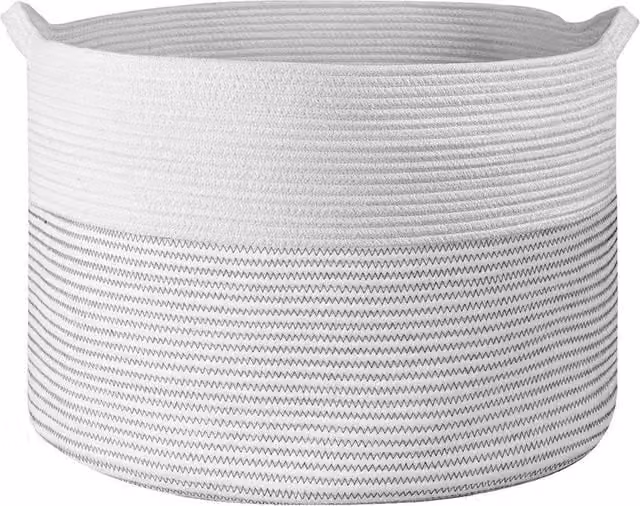 FORGEVIO Minimalist White and Light Grey Laundry Basket with Natural Fibre and Fabric Storage