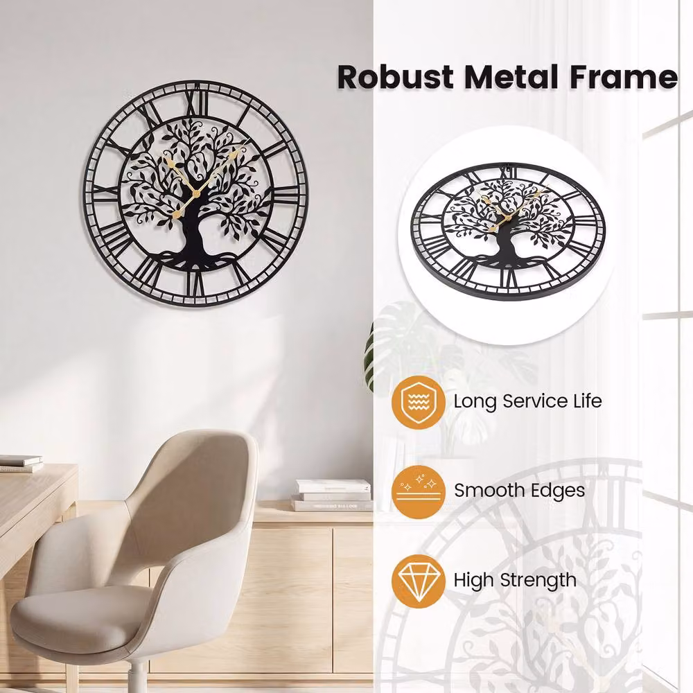 Gymax Tree of Life Metal Wall Clock, Black, Diameter: 68 cm – 4
