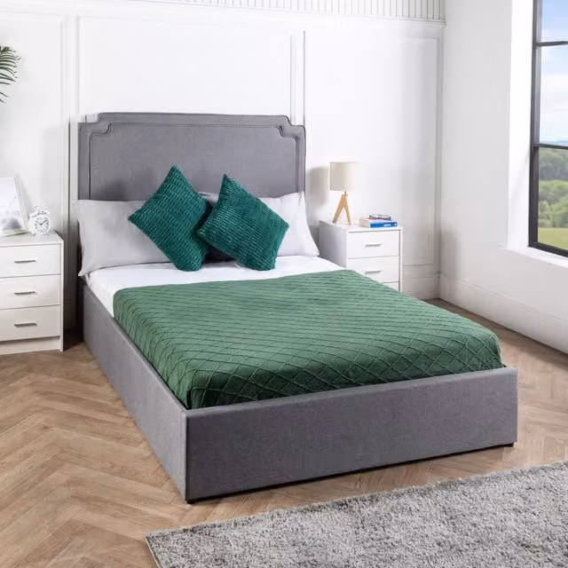 Home Treats Grey Upholstered Ottoman Style Storage Bed with Lift Up Base, W/D/H: 140 x 200 cm
