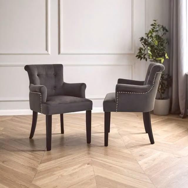 Orsina Ringback Grey Velvet Armchair with Tufting and Rubberwood Legs