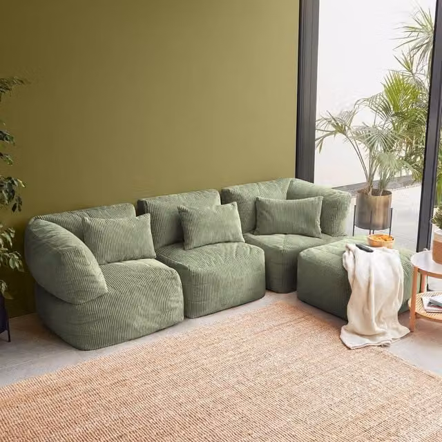 icon Noa 4-Piece Bean Bag Set in Green Jumbo Cord, including 2x Corner, 1x Recliner and 1x Slab pieces – 1
