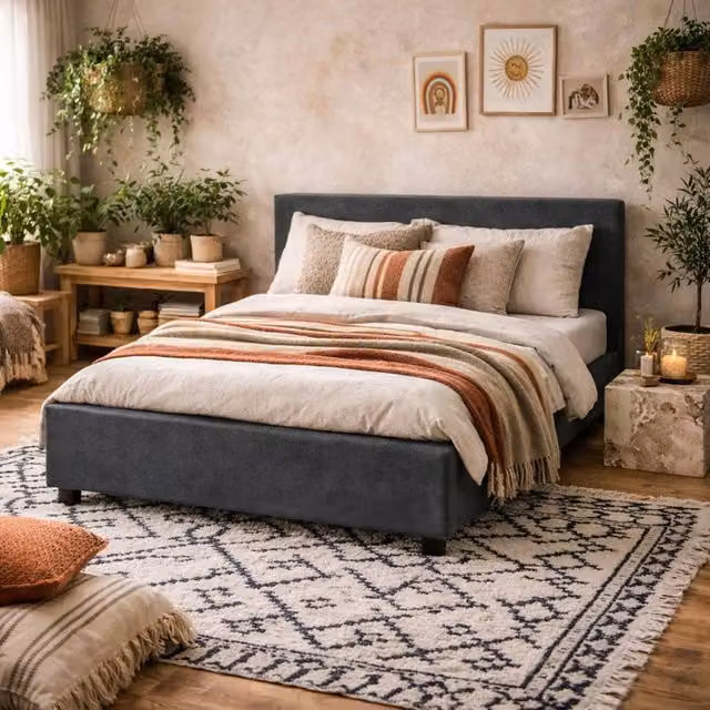 Wyld Haus Portarlington Upholstered Double Bed in Grey Fabric, W/D/H: 140 x 200 cm – 1