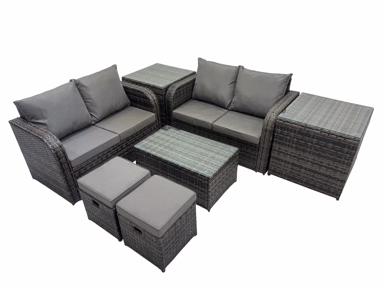 Fimous Garden 6 Seater L-Shape Rattan Furniture Set in Grey with Upholstered Cushions, 2 Seater Sofa, Coffee Table and Ottoman – 2