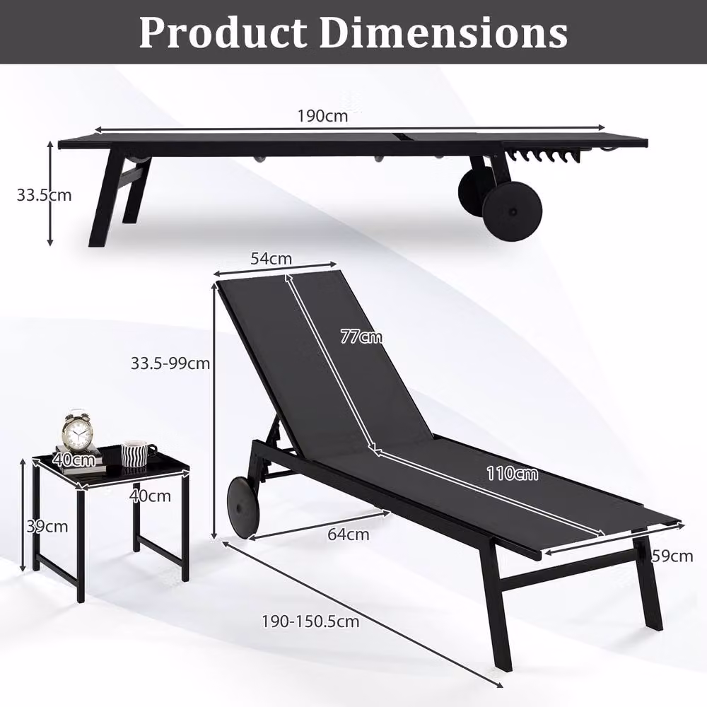 Costway Grey Patio Chaise Lounge Set with Side Table and Adjustable Headrest – 2