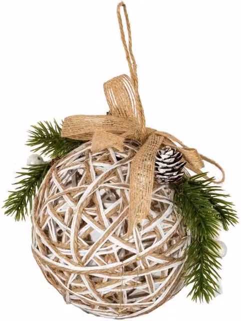 KDMD White Rattan Christmas Bauble with LED Lights, Branches and Ribbon – 1
