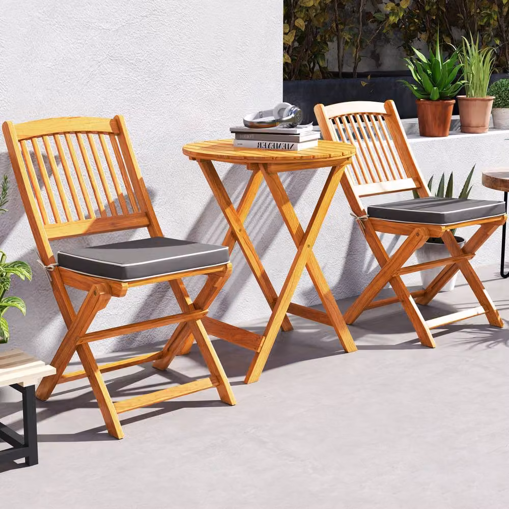 Gymax 3 Piece Folding Patio Bistro Set in Grey and Brown Treated Hardwood – 2