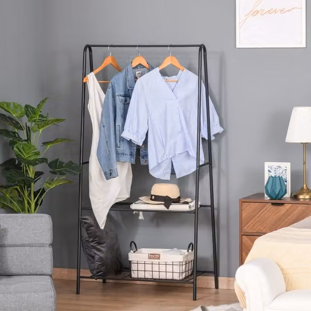 HOMCOM A-Frame Metal Clothes Rack with Continuous Linear Rail in Matt Black