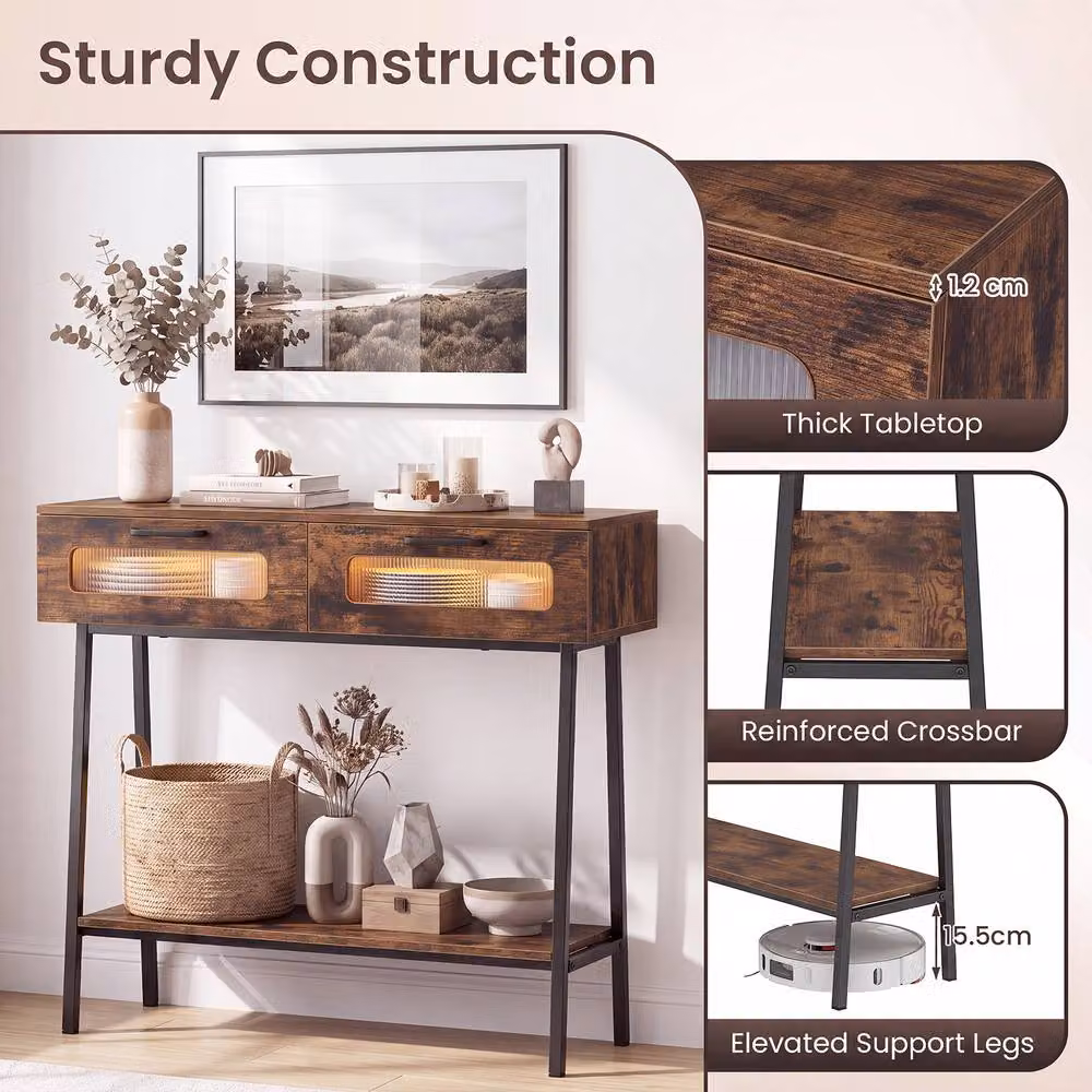 Gymax Rustic Brown Farmhouse Console Table with Colourful LED Lights – 7