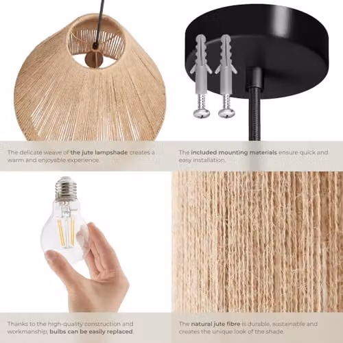 tectake Boho Style Jute and Metal Pendant Light in Brown and Beige, W/D/H: 40.5 x 40.5 x 47 cm – 3