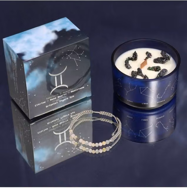 KDMD Gemini Zodiac Crystal Candle and Blue Tigers Eye Gemstone Bracelet Set