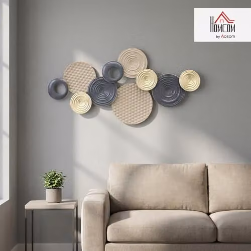 HOMCOM Modern Geometric Metal Wall Art, Abstract Round 3D Hanging Decor in Beige, Black and Gold – 4