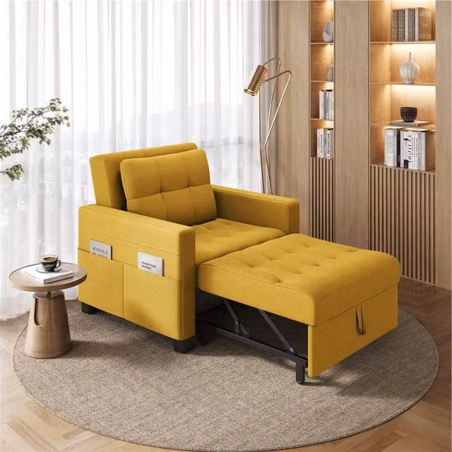 Yaheetech Convertible Sofa Chair Sleeper with Armrests, Yellow Fabric and Solid Wood Frame