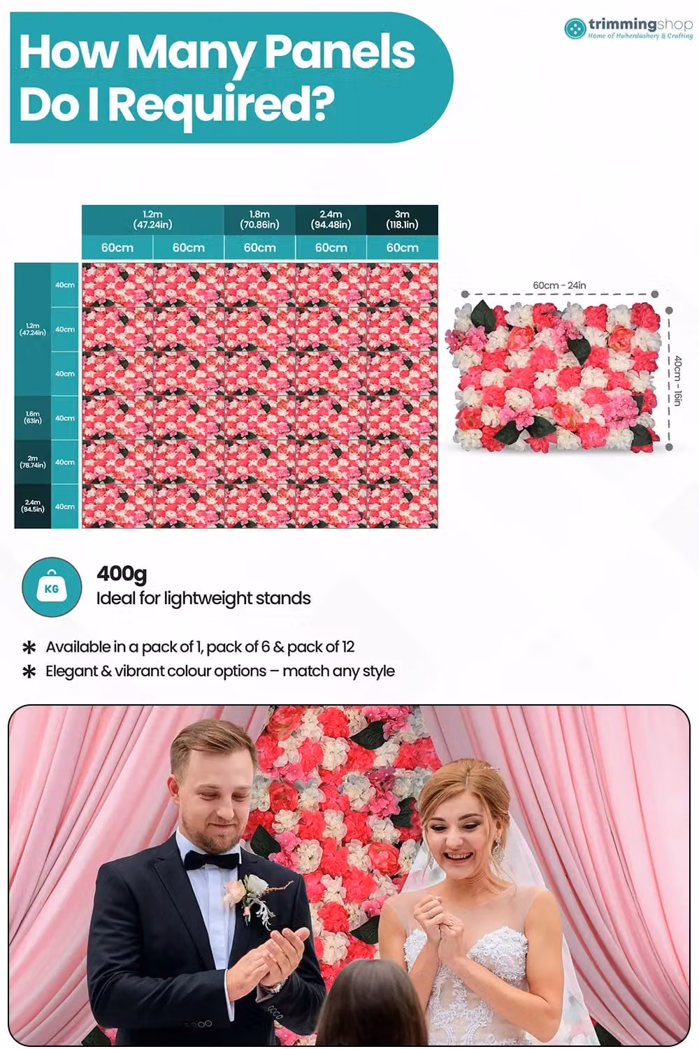 Neel Blue Decorative Artificial Floral Wall Panel in Blue and Pink for Wedding Photo Backgrounds, W/D/H: 60 x 40 x 60 cm – 2