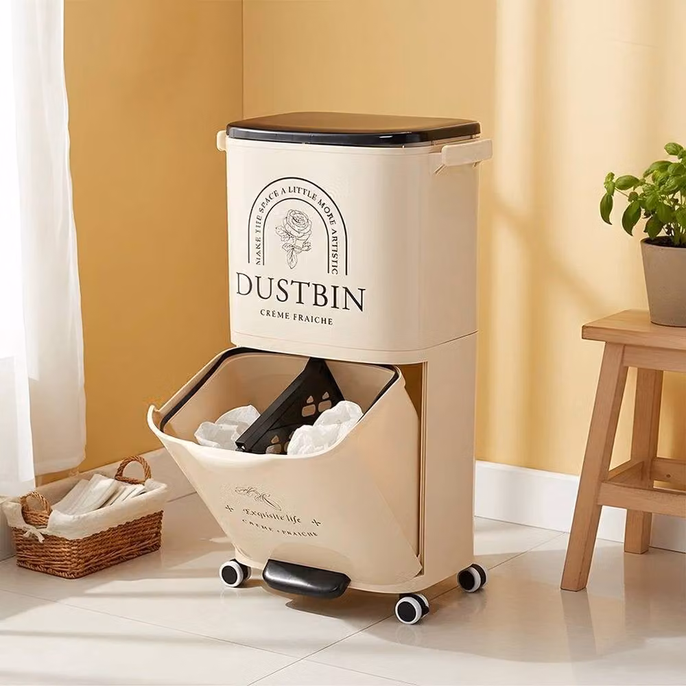 FORGEVIO Large Capacity Mobile Recycling Bin with Removable Inner Bucket, Beige – 3